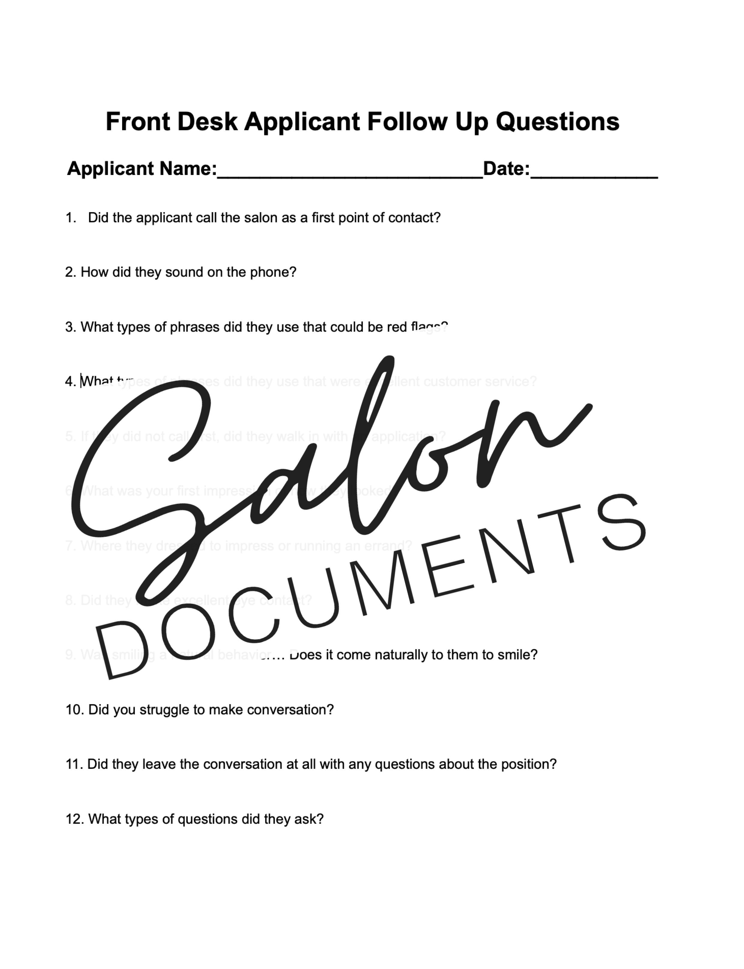 Front Desk Applicant Follow Up Letter Salon Documents