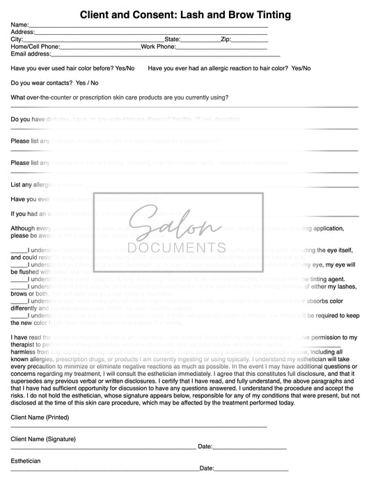 Brow/Lash tint Service Agreement