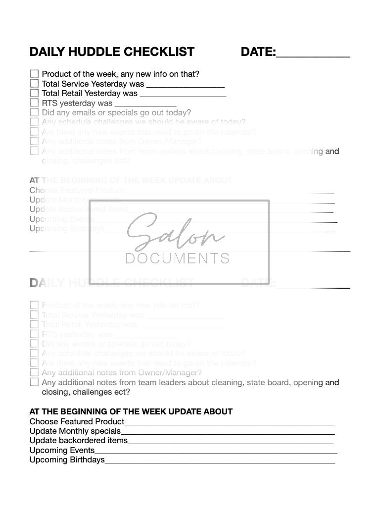 Daily Huddle Checklist Salon Documents